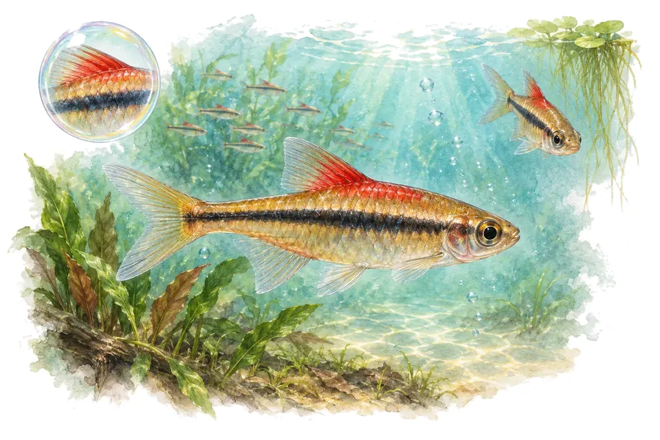 Aquarelle : Rasbora à dorsale rouge (Rasbora rubrodorsalis) dans une eau turquoise lumineuse, avec une vue de trois quarts et un détail dans une bulle.
