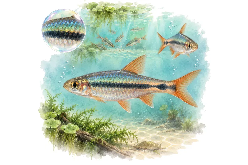 Aquarelle : Rasbora axelrodi (Sundadanio axelrodi) dans une eau turquoise lumineuse, avec une vue de trois quarts et un détail dans une bulle.