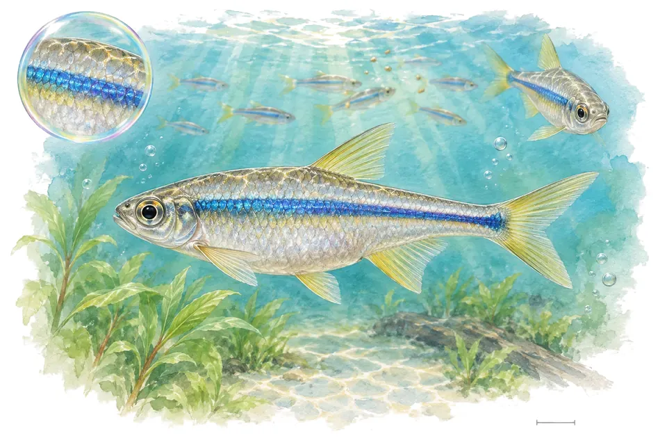 Aquarelle : Rasbora rayé (Rasbora daniconius) dans une eau turquoise lumineuse, avec une vue de trois quarts et un détail dans une bulle.
