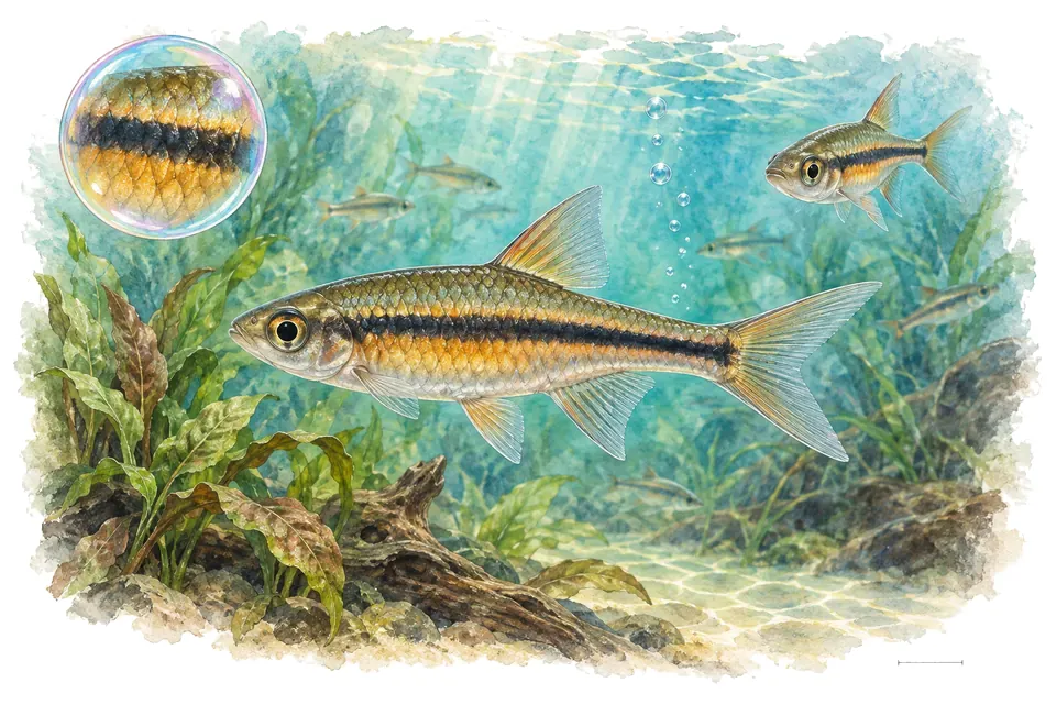 Aquarelle : Rasbora de Bornéo (Rasbora sarawakensis) dans une eau turquoise lumineuse, avec une vue de trois quarts et un détail dans une bulle.