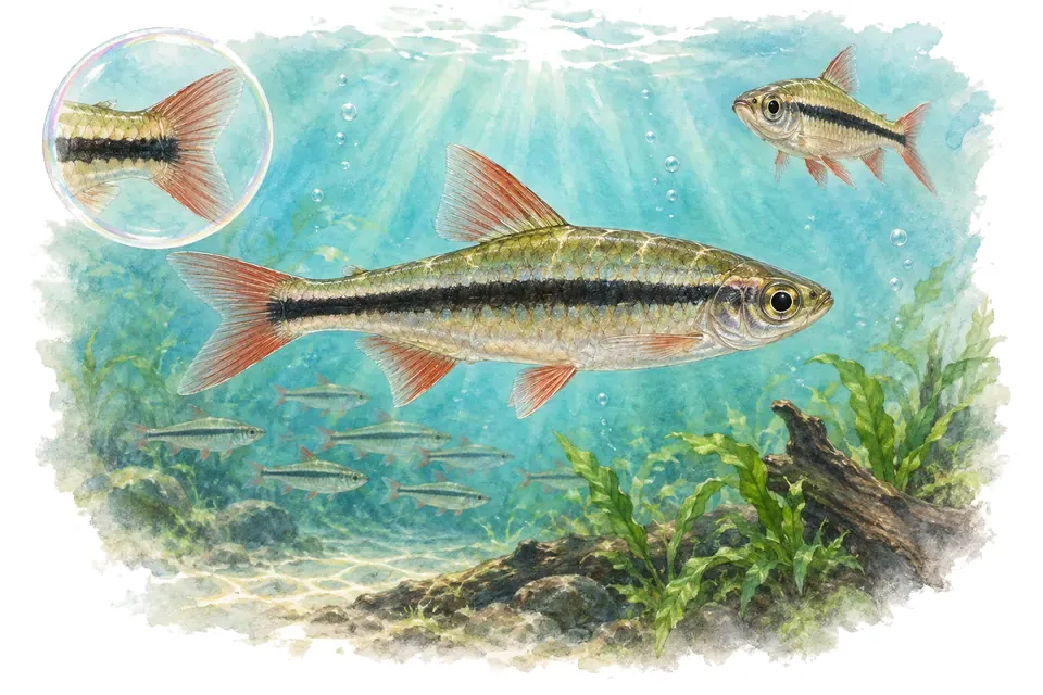 Aquarelle : Rasbora d’Einthoven (Rasbora einthovenii) dans une eau turquoise lumineuse, avec une vue de trois quarts et un détail dans une bulle.
