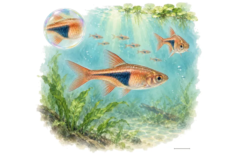 Aquarelle : Rasbora espei (Trigonostigma espei) dans une eau turquoise lumineuse, avec une vue de trois quarts et un détail dans une bulle.