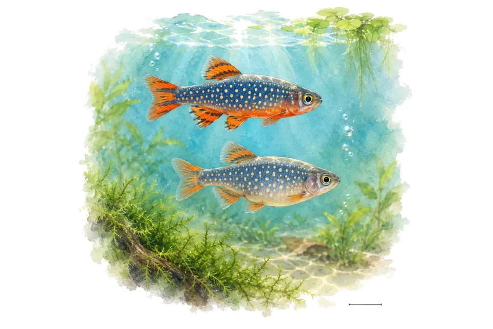 Aquarelle : Rasbora galaxy, mâle et femelle l'un au-dessus de l'autre dans une eau turquoise.