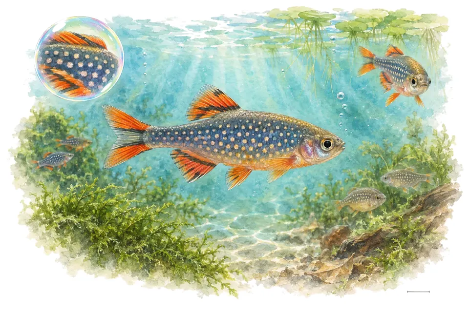 Aquarelle : Rasbora galaxy (Danio margaritatus) dans une eau turquoise lumineuse, avec une vue de trois quarts et un détail dans une bulle.