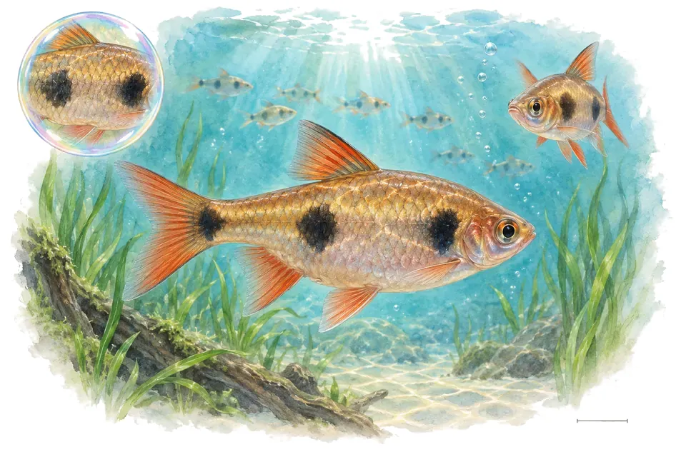 Aquarelle : Rasbora géant rouge (Rasbora kalochroma) dans une eau turquoise lumineuse, avec une vue de trois quarts et un détail dans une bulle.