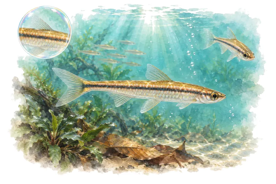 Aquarelle : Rasbora gracile (Trigonopoma gracile) dans une eau turquoise lumineuse, avec une vue de trois quarts et un détail dans une bulle.