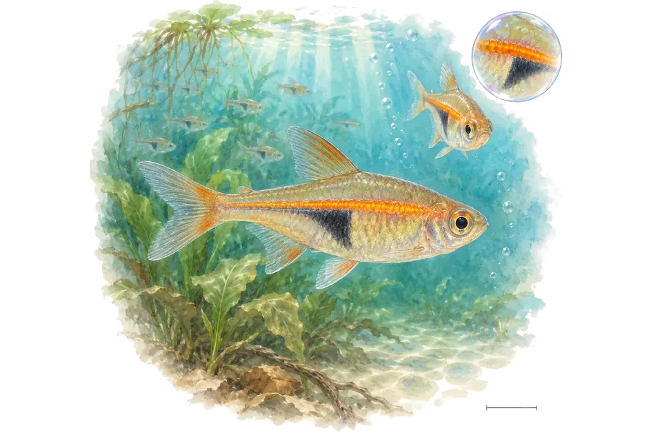 Aquarelle : Rasbora hengeli (Trigonostigma hengeli) dans une eau turquoise lumineuse, avec une vue de trois quarts et un détail dans une bulle.