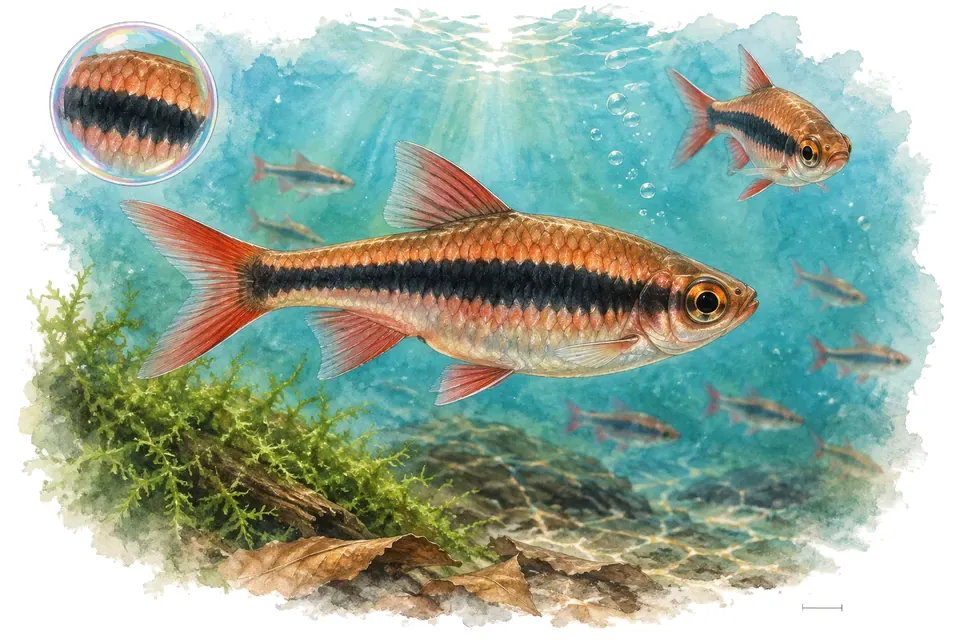 Aquarelle : Rasbora volcan (Rasbora vulcanus) dans une eau turquoise lumineuse, avec une vue de trois quarts et un détail dans une bulle.
