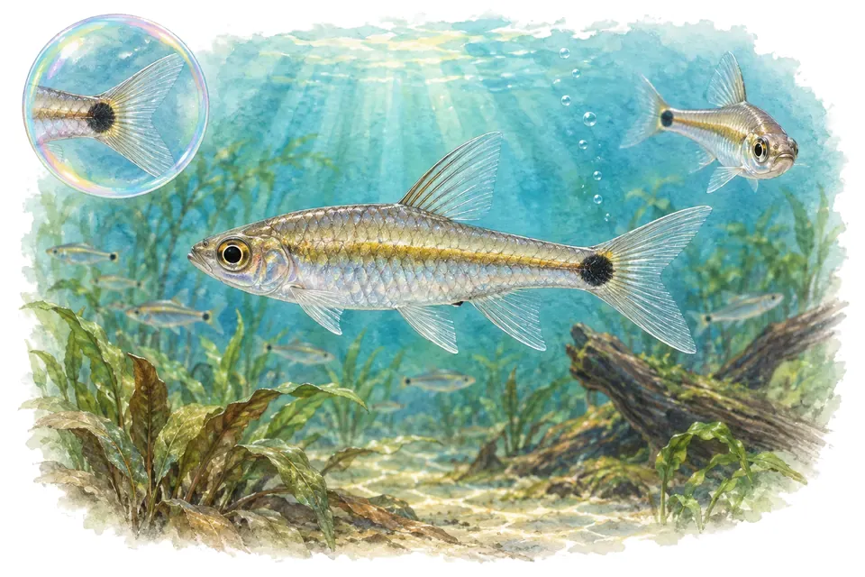 Aquarelle : Rasbosoma spilocerca (Rasbosoma spilocerca) dans une eau turquoise lumineuse, avec une vue de trois quarts et un détail dans une bulle.