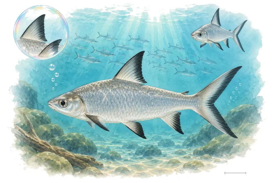 Aquarelle : Requin bala (Balantiocheilos melanopterus) dans une eau turquoise lumineuse, avec une vue de trois quarts et un détail dans une bulle.