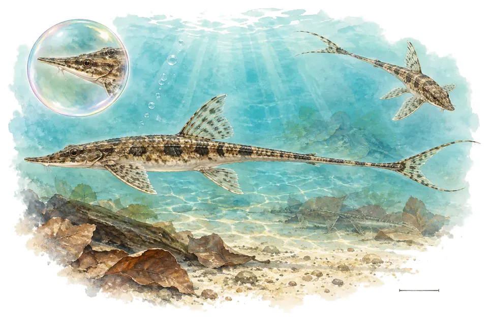Aquarelle : Rineloricaria commune (Rineloricaria parva) dans une eau turquoise lumineuse, avec une vue de trois quarts et un détail dans une bulle.