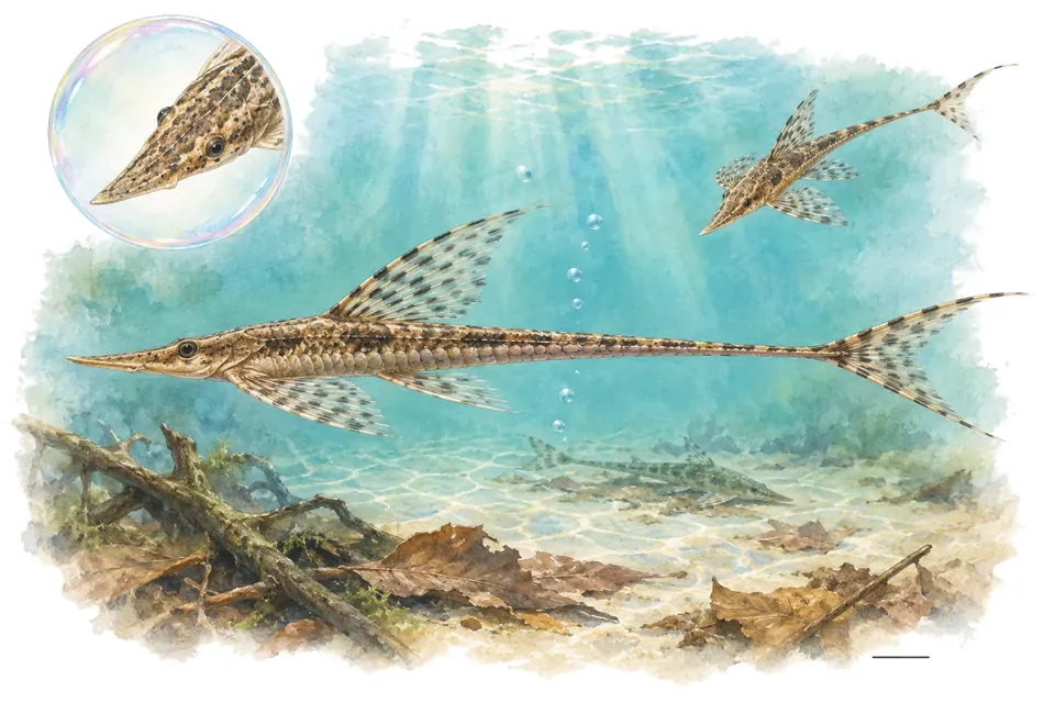 Aquarelle : Rineloricaria lancéolée (Rineloricaria lanceolata) dans une eau turquoise lumineuse, avec une vue de trois quarts et un détail dans une bulle.