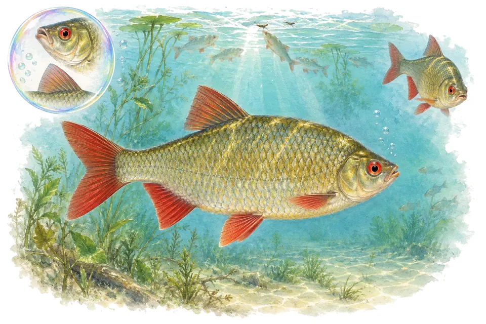 Aquarelle : Rotengle (Scardinius erythrophthalmus) dans une eau turquoise lumineuse, avec une vue de trois quarts et un détail dans une bulle.
