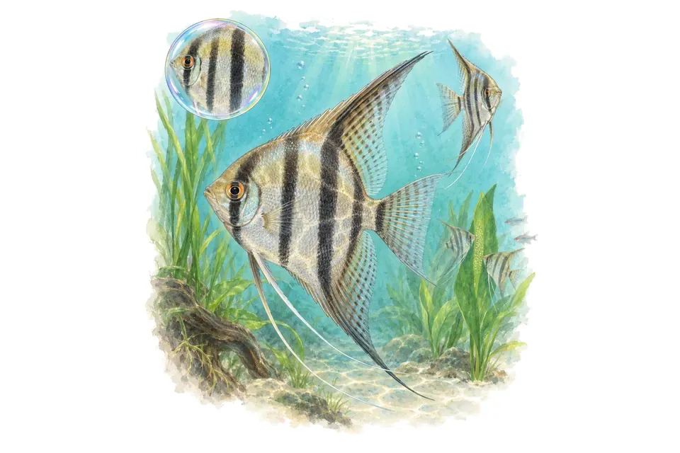 Aquarelle : Scalaire (Pterophyllum scalare) dans une eau turquoise lumineuse, avec une vue de trois quarts et un détail dans une bulle.