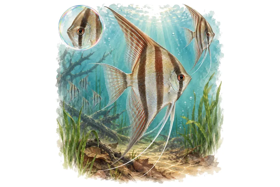 Aquarelle : Scalaire altum (Pterophyllum altum) dans une eau turquoise lumineuse, avec une vue de trois quarts et un détail dans une bulle.
