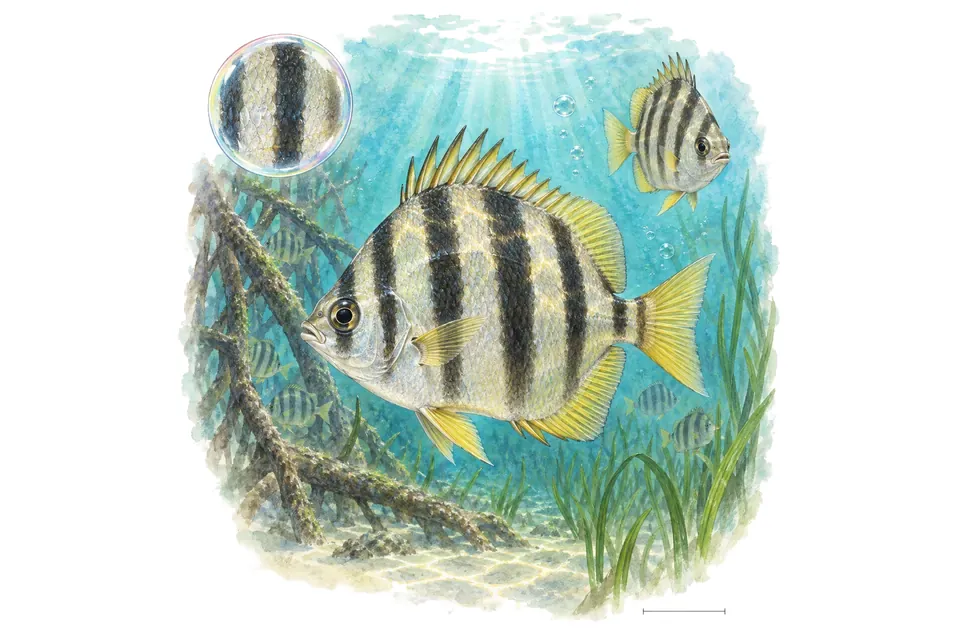 Aquarelle : Scat à quatre raies (Selenotoca multifasciata) dans une eau turquoise lumineuse, avec une vue de trois quarts et un détail dans une bulle.