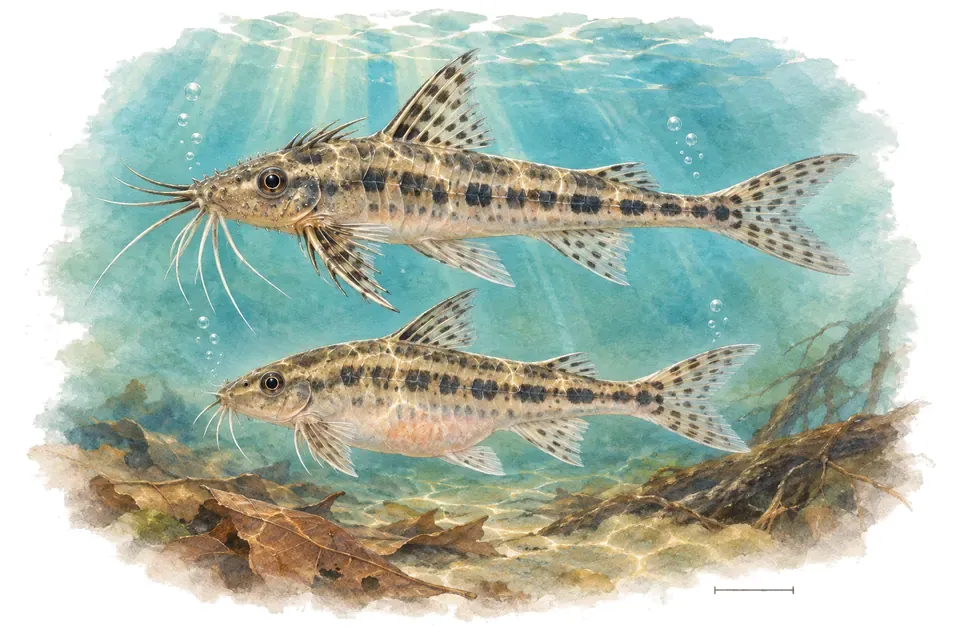 Aquarelle : Corydoras prionotos, mâle et femelle l'un au-dessus de l'autre dans une eau turquoise.