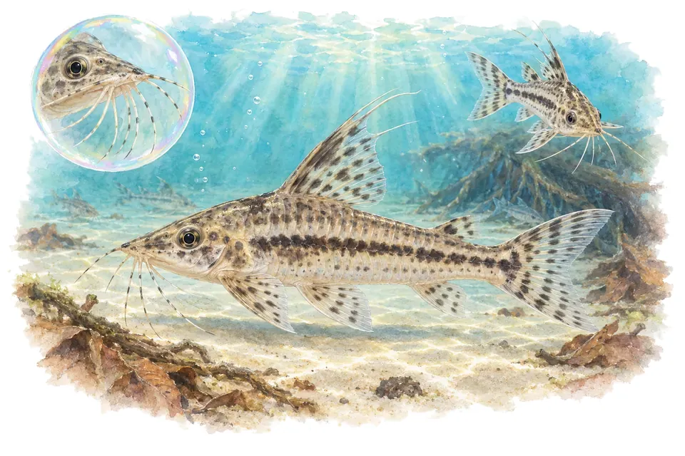 Aquarelle : Corydoras prionotos (Scleromystax prionotos) dans une eau turquoise lumineuse, avec une vue de trois quarts et un détail dans une bulle.
