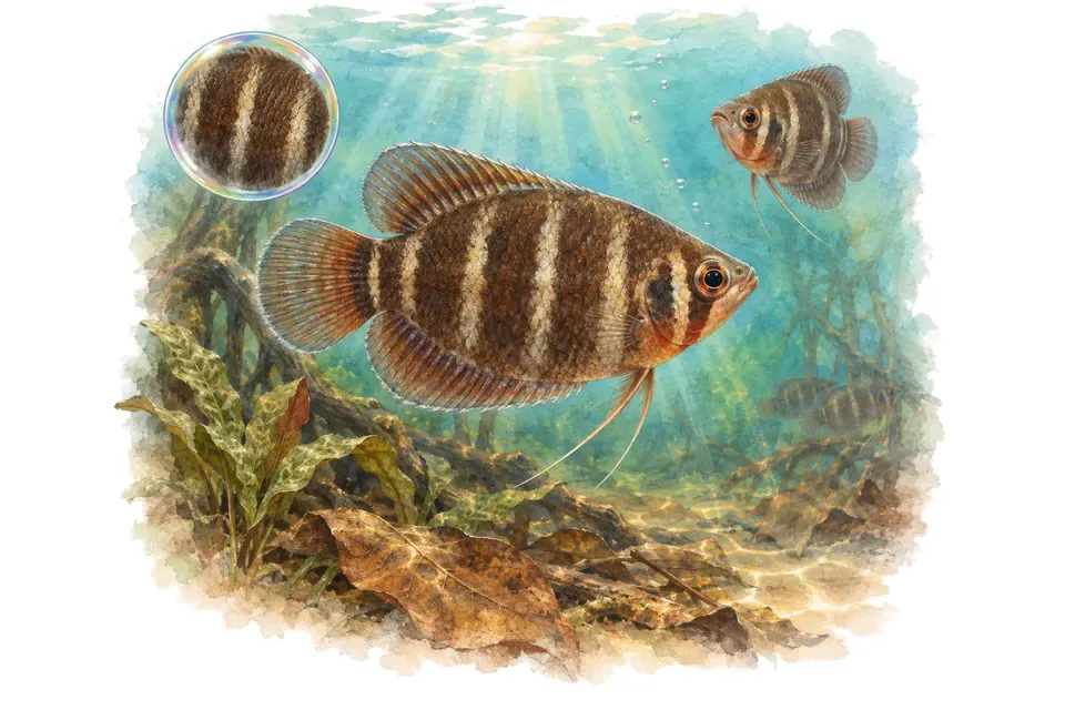 Aquarelle : Gourami chocolat de Vaillant (Sphaerichthys vaillanti) dans une eau turquoise lumineuse, avec une vue de trois quarts et un détail dans une bulle.