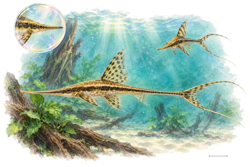 Aquarelle : Sturisoma doré (Sturisomatichthys aureus) dans une eau turquoise lumineuse, avec une vue de trois quarts et un détail dans une bulle.