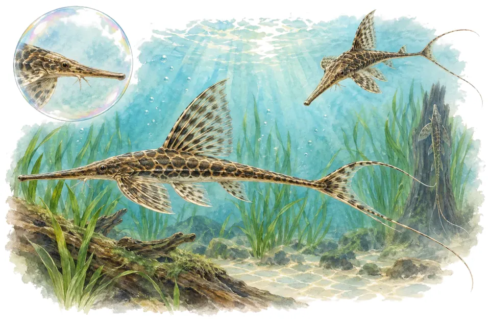 Aquarelle : Sturisoma panaméen (Sturisomatichthys panamensis) dans une eau turquoise lumineuse, avec une vue de trois quarts et un détail dans une bulle.