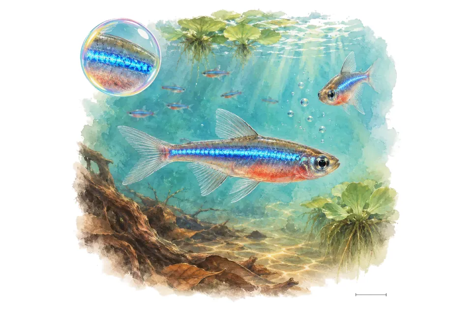 Aquarelle : Rasbora d’axelrod (Sundadanio axelrodi) dans une eau turquoise lumineuse, avec une vue de trois quarts et un détail dans une bulle.