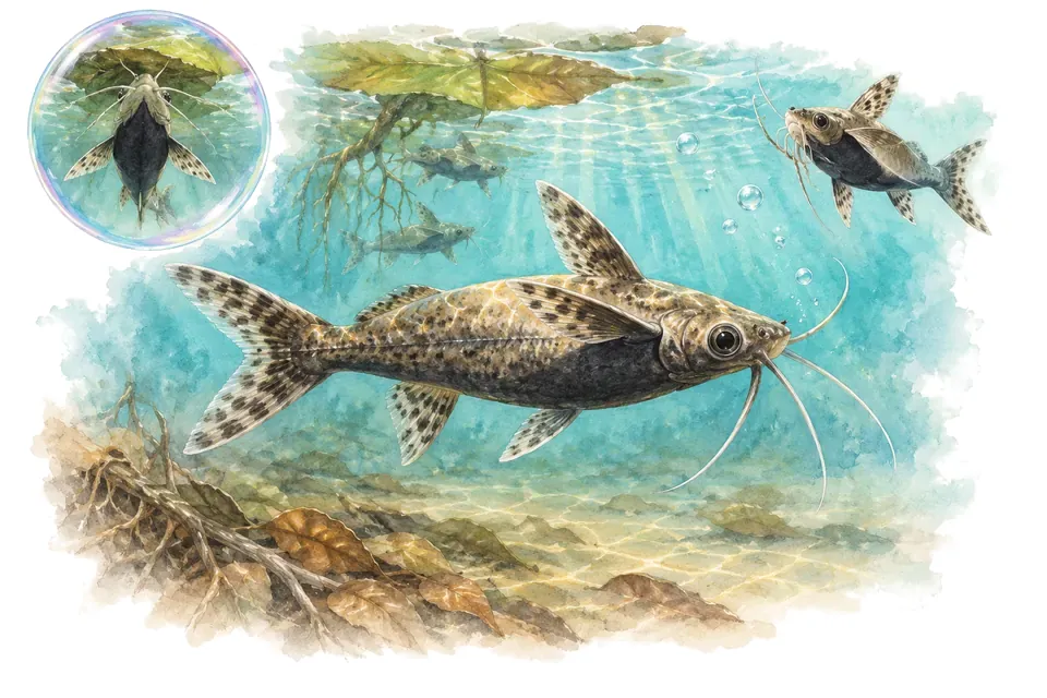 Aquarelle : Synodontis à ventre noir (Synodontis nigriventris) dans une eau turquoise lumineuse, avec une vue de trois quarts et un détail dans une bulle.
