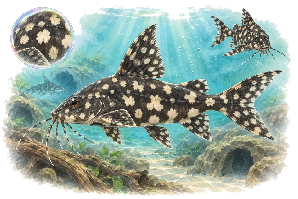 Aquarelle : Synodontis ange (Synodontis angelicus) dans une eau turquoise lumineuse, avec une vue de trois quarts et un détail dans une bulle.