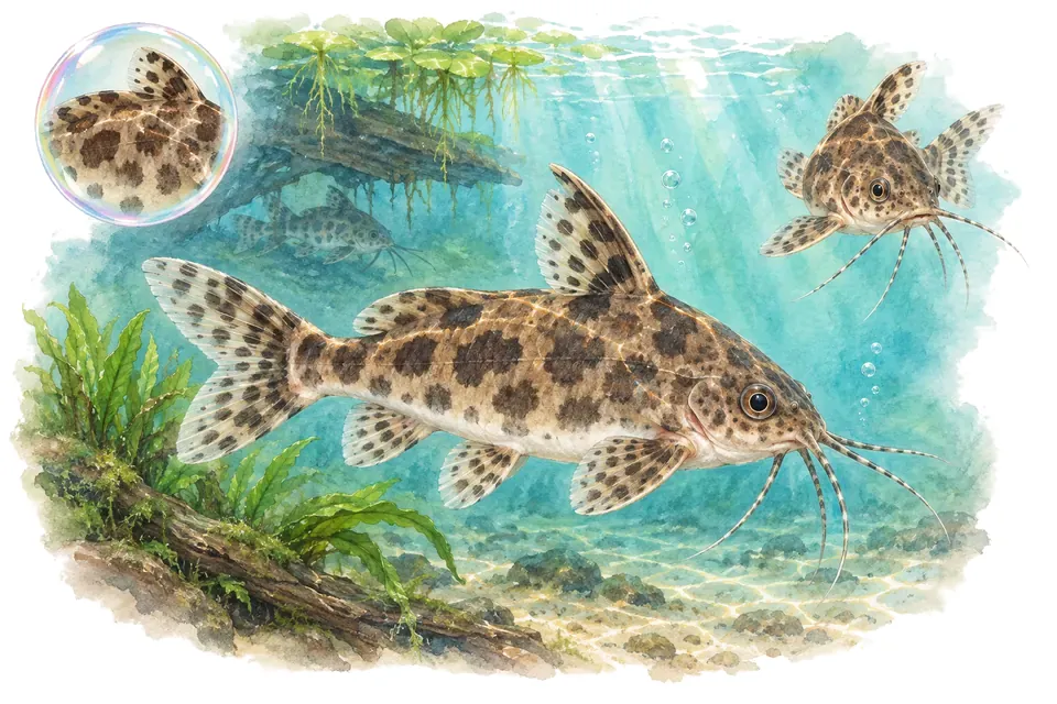 Aquarelle : Synodontis à grosse tête (Synodontis contractus) dans une eau turquoise lumineuse, avec une vue de trois quarts et un détail dans une bulle.