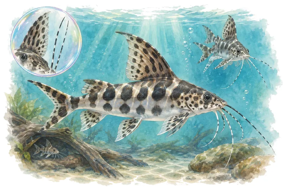 Aquarelle : Synodontis décoré (Synodontis decorus) dans une eau turquoise lumineuse, avec une vue de trois quarts et un détail dans une bulle.