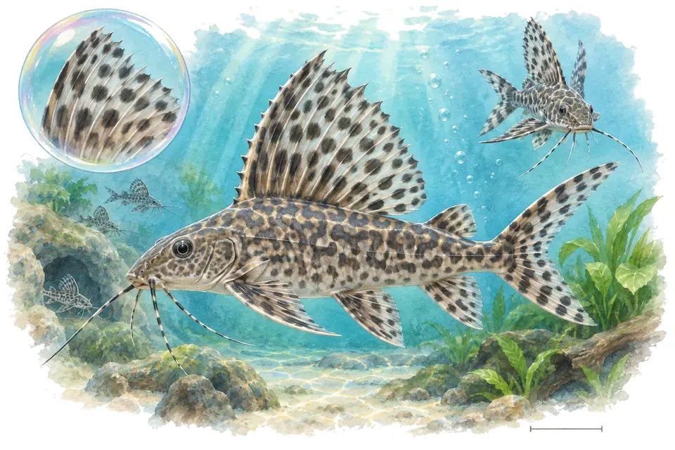 Aquarelle : Synodontis à nageoire plume (Synodontis eupterus) dans une eau turquoise lumineuse, avec une vue de trois quarts et un détail dans une bulle.