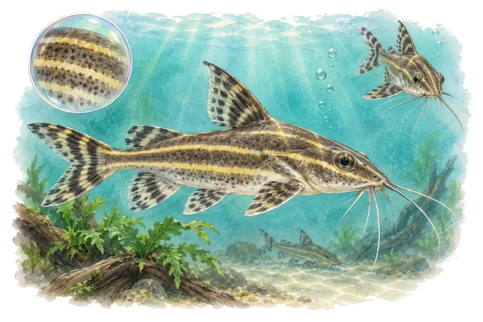 Aquarelle : Synodontis à bandes jaunes (Synodontis flavitaeniatus) dans une eau turquoise lumineuse, avec une vue de trois quarts et un détail dans une bulle.