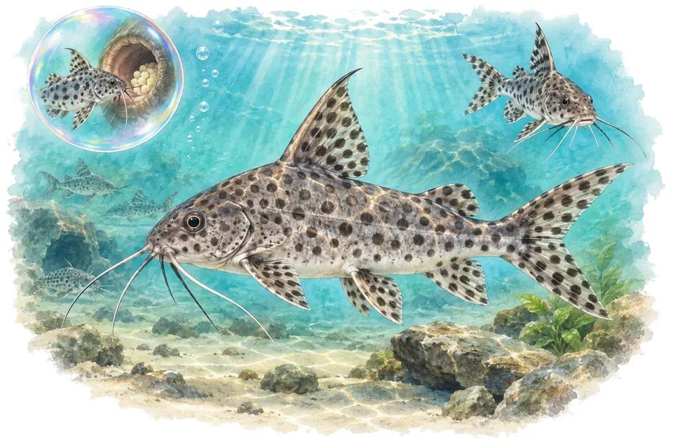 Aquarelle : Synodontis multiponctué (Synodontis multipunctatus) dans une eau turquoise lumineuse, avec une vue de trois quarts et un détail dans une bulle.