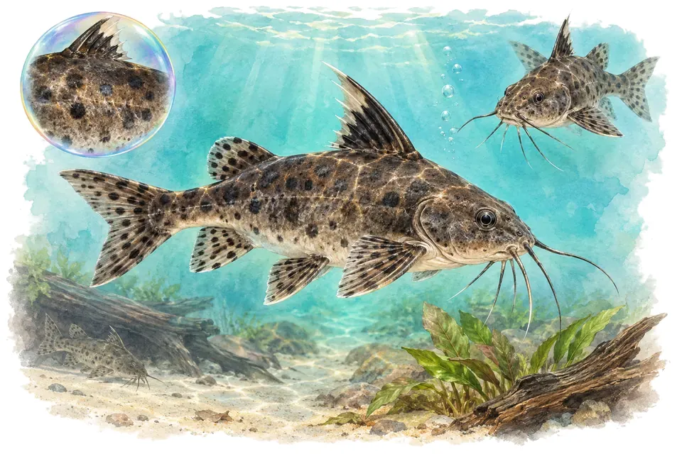 Aquarelle : Synodontis noir (Synodontis nigrita) dans une eau turquoise lumineuse, avec une vue de trois quarts et un détail dans une bulle.