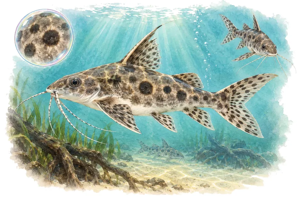 Aquarelle : Synodontis ocellé (Synodontis ocellifer) dans une eau turquoise lumineuse, avec une vue de trois quarts et un détail dans une bulle.