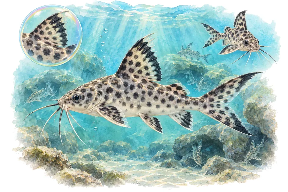 Aquarelle : Synodontis petricola (Synodontis petricola) dans une eau turquoise lumineuse, avec une vue de trois quarts et un détail dans une bulle.