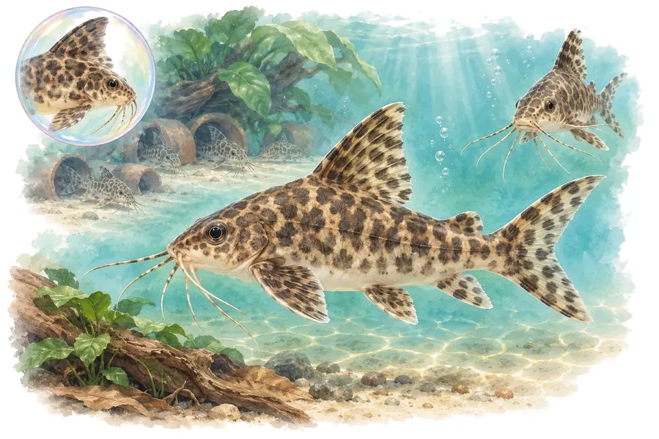 Aquarelle : Synodontis de Schouteden (Synodontis schoutedeni) dans une eau turquoise lumineuse, avec une vue de trois quarts et un détail dans une bulle.