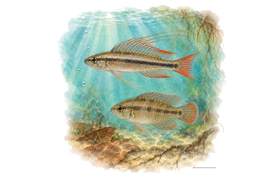 Aquarelle : Cichlidé nain à queue de lance, mâle et femelle l'un au-dessus de l'autre dans une eau turquoise.