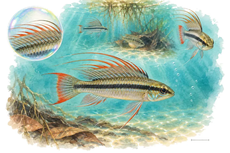 Aquarelle : Cichlidé nain à queue de lance (Taeniacara candidi) dans une eau turquoise lumineuse, avec une vue de trois quarts et un détail dans une bulle.
