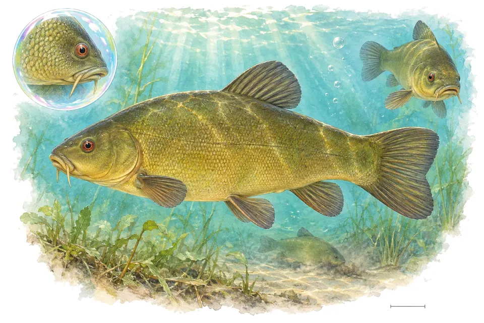 Aquarelle : Tanche (Tinca tinca) dans une eau turquoise lumineuse, avec une vue de trois quarts et un détail dans une bulle.