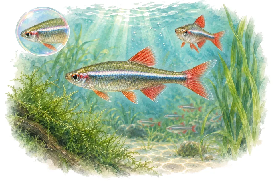 Aquarelle : Tanichthys de Micagemma (Tanichthys micagemmae) dans une eau turquoise lumineuse, avec une vue de trois quarts et un détail dans une bulle.
