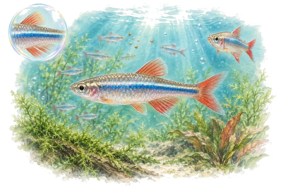 Aquarelle : Tanichthys de Kuehne (Tanichthys kuehnei) dans une eau turquoise lumineuse, avec une vue de trois quarts et un détail dans une bulle.