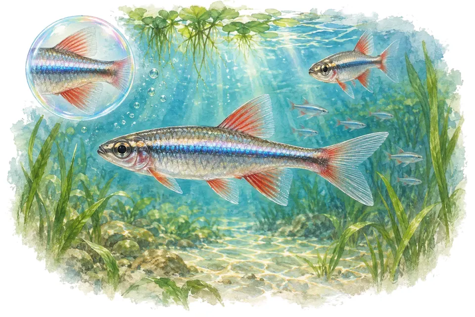 Aquarelle : Tanichthys thacbaensis (Tanichthys thacbaensis) dans une eau turquoise lumineuse, avec une vue de trois quarts et un détail dans une bulle.
