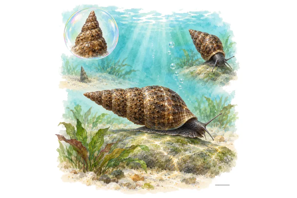 Aquarelle : Escargot granifère (Tarebia granifera) dans une eau turquoise lumineuse, avec une vue de trois quarts et un détail dans une bulle.