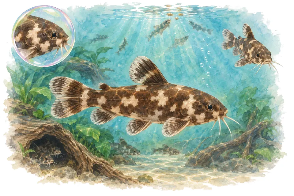 Aquarelle : Tatia perugiae (Tatia perugiae) dans une eau turquoise lumineuse, avec une vue de trois quarts et un détail dans une bulle.