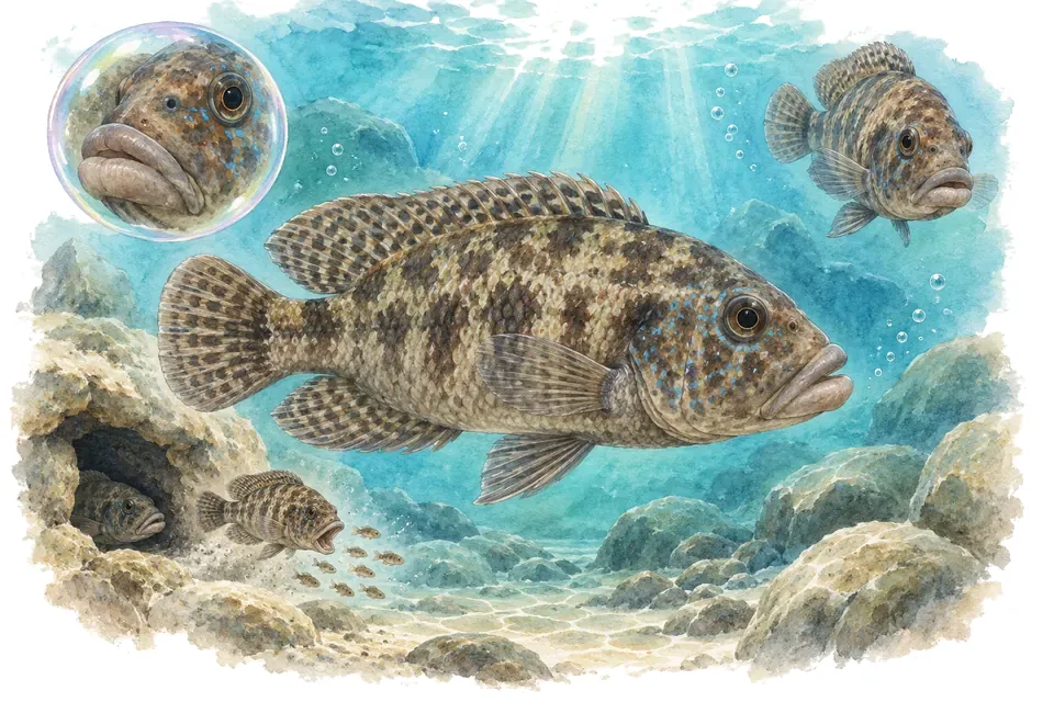 Aquarelle : Telmatochrome temporalis (Telmatochromis temporalis) dans une eau turquoise lumineuse, avec une vue de trois quarts et un détail dans une bulle.