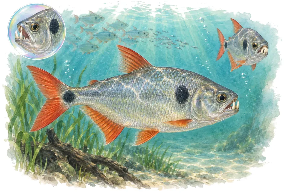 Aquarelle : Tétra à dents de chien (Exodon paradoxus) dans une eau turquoise lumineuse, avec une vue de trois quarts et un détail dans une bulle.