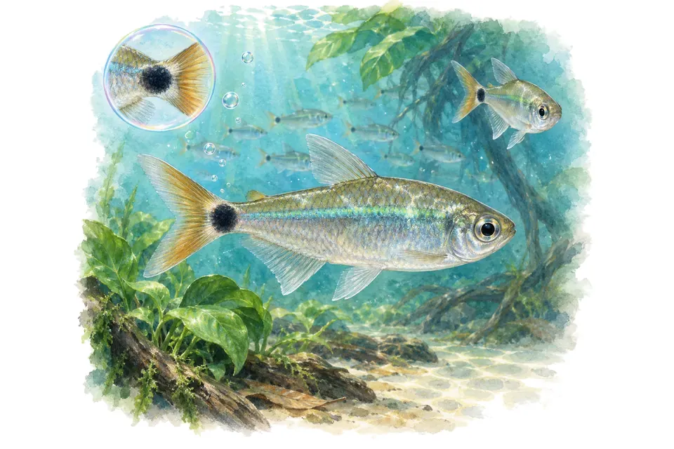 Aquarelle : Tétra à queue noire (Bathyaethiops caudomaculatus) dans une eau turquoise lumineuse, avec une vue de trois quarts et un détail dans une bulle.