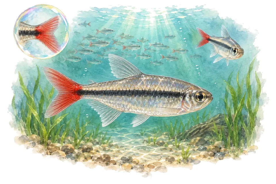 Aquarelle : Tétra de Buenos Aires (Psalidodon anisitsi) dans une eau turquoise lumineuse, avec une vue de trois quarts et un détail dans une bulle.