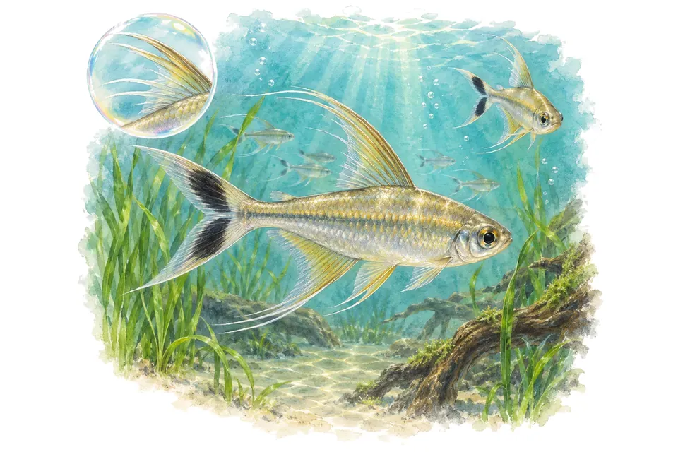 Aquarelle : Tétra africain à longues nageoires (Bryconalestes longipinnis) dans une eau turquoise lumineuse, avec une vue de trois quarts et un détail dans une bulle.